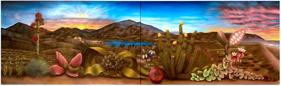 A landscape painting of south San Diego county with hybridized plants in the foreground